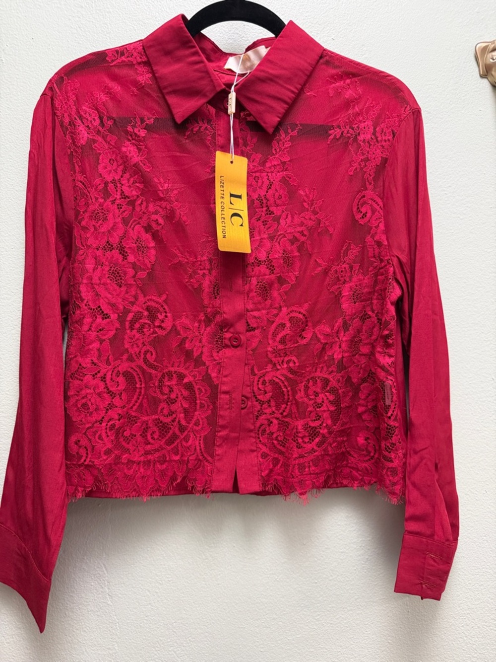 IC COLLECTION Red Lace Button-Down Shirt